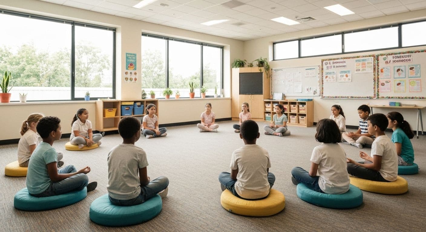 Students participating in a self awareness program for students during classroom emotional learning activity