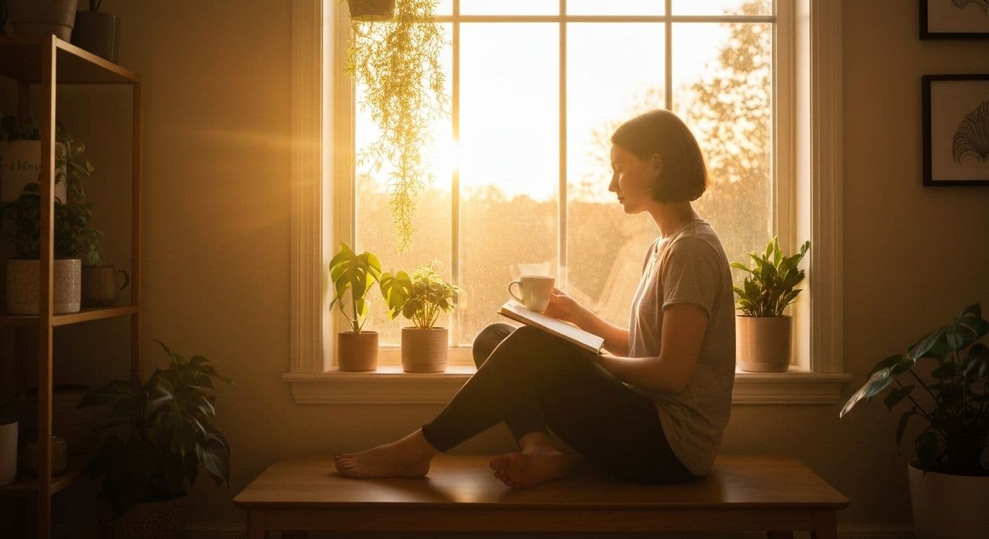 Person practicing self awareness during peaceful morning routine with coffee and natural light