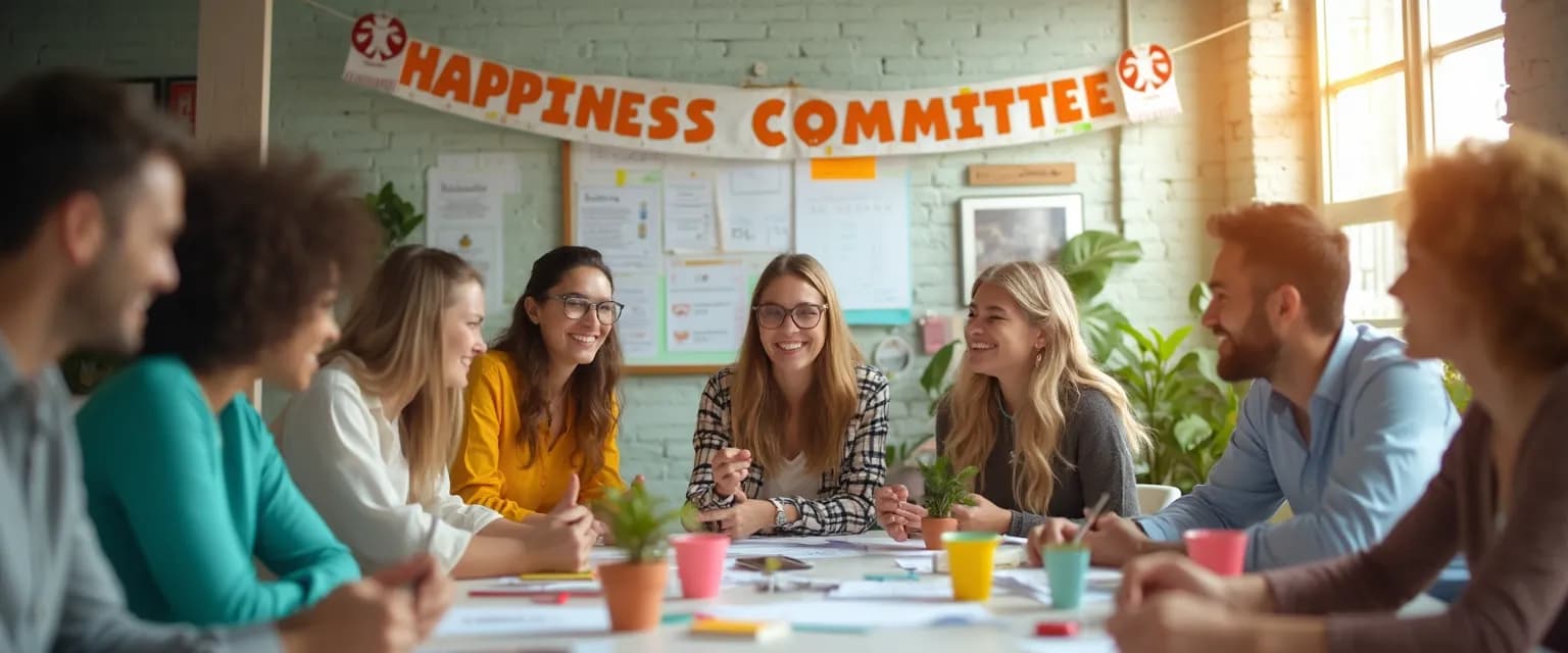 Team members collaborating as part of The Happy Co happiness committee at a bright, positive workplace