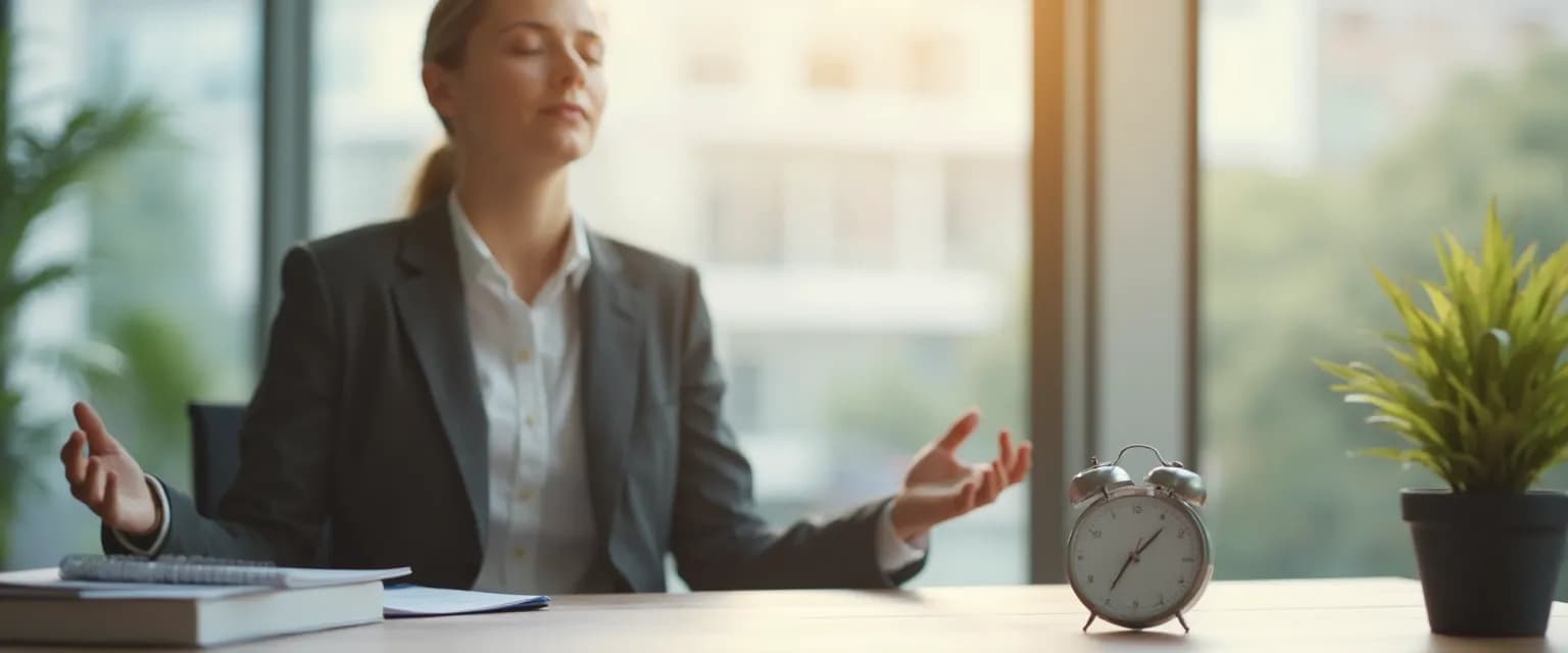 Professional practicing mindfulness and mental health breathing techniques at desk for stress reduction