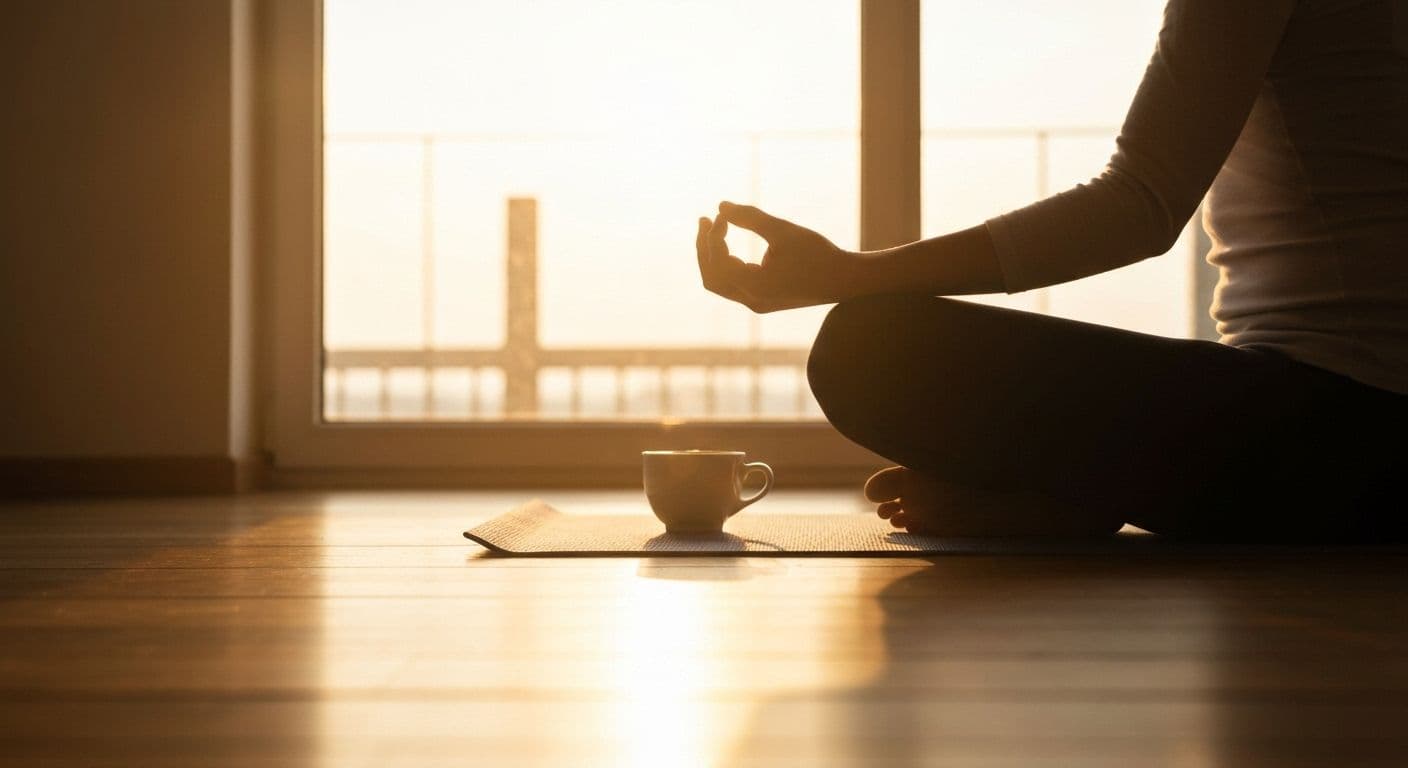 Person practicing 5 minute mindfulness meditation in peaceful morning setting with coffee cup nearby
