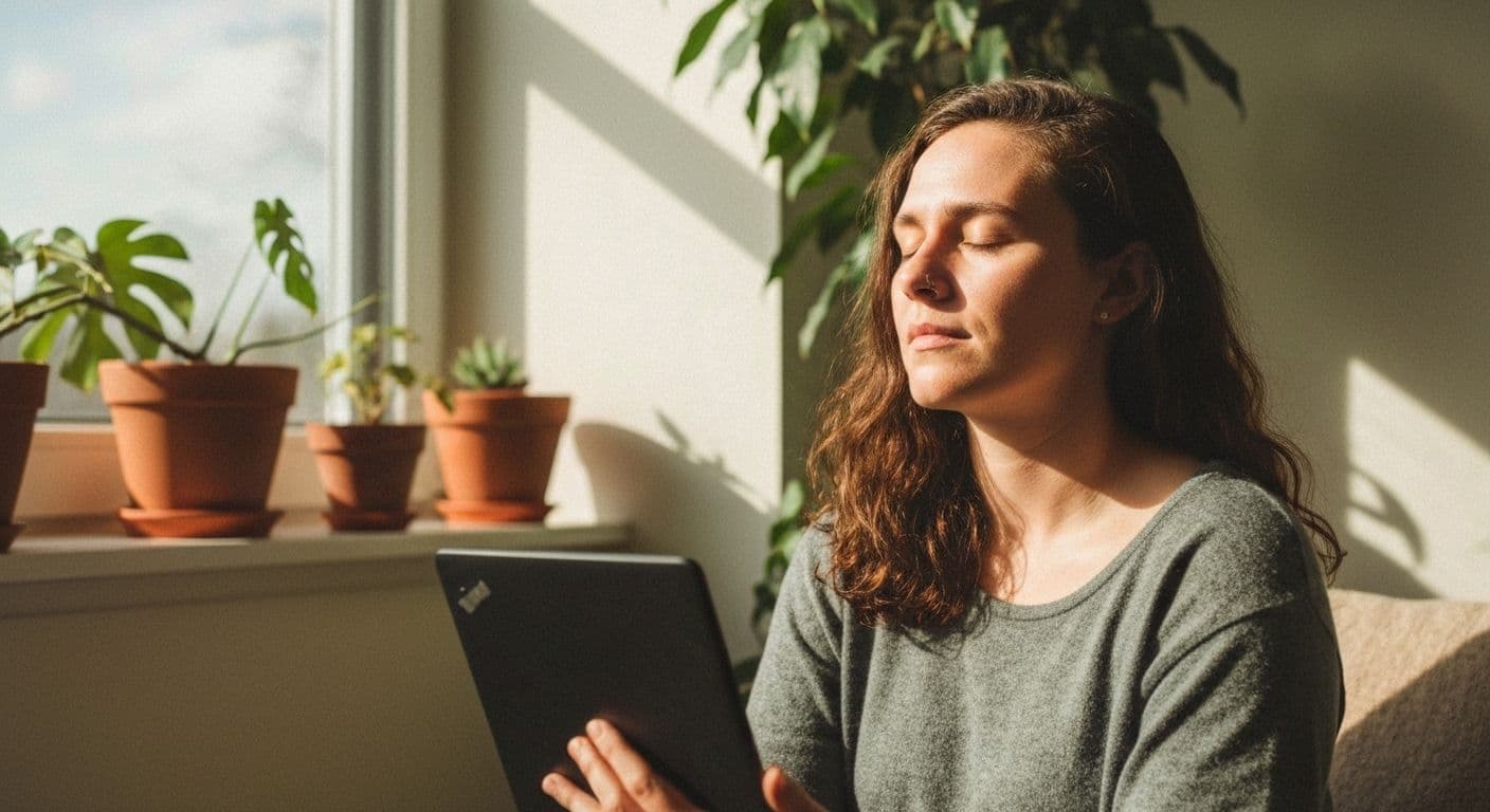 Person practicing mindful breathing during a mental break for your mind away from screens