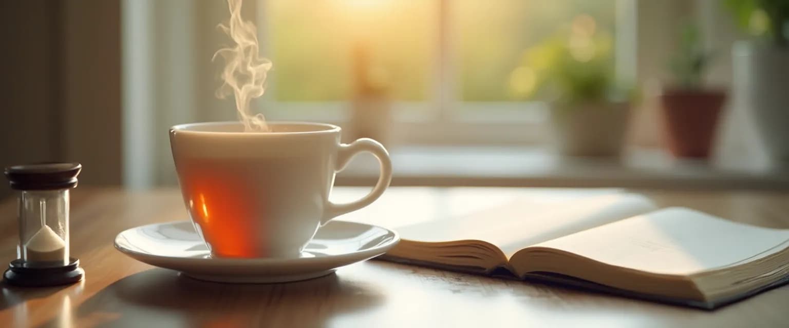 Person practicing procrastination in daily mindfulness at desk with peaceful expression