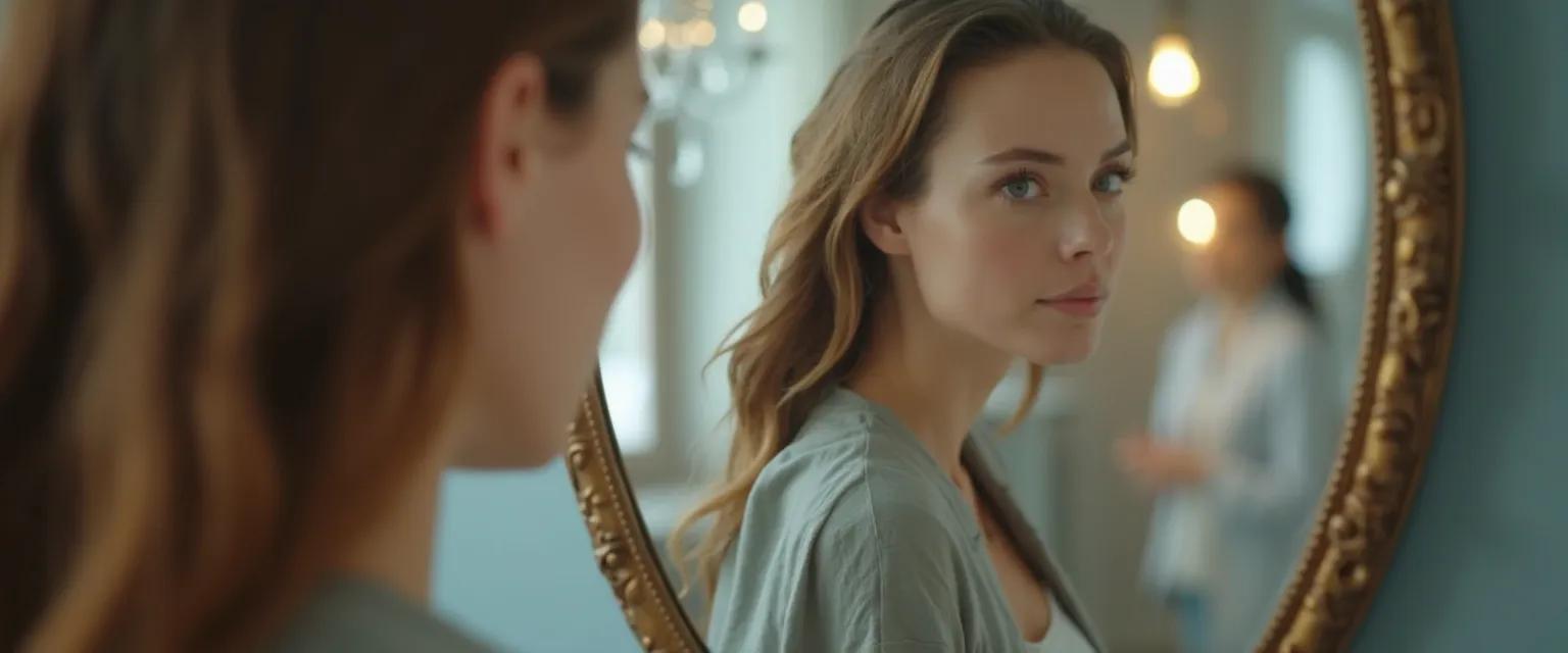 Person practicing self-awareness therapy techniques including mirror work