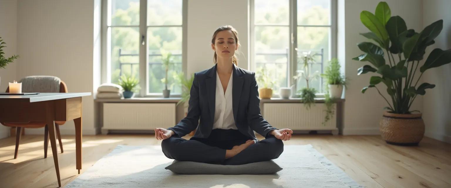 Professional practicing Buddhist mindfulness techniques at desk during busy workday