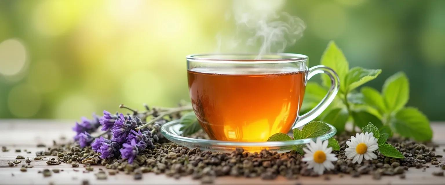 Collection of calming herbal teas for anxiety and herbal remedies including chamomile, lavender, and lemon balm