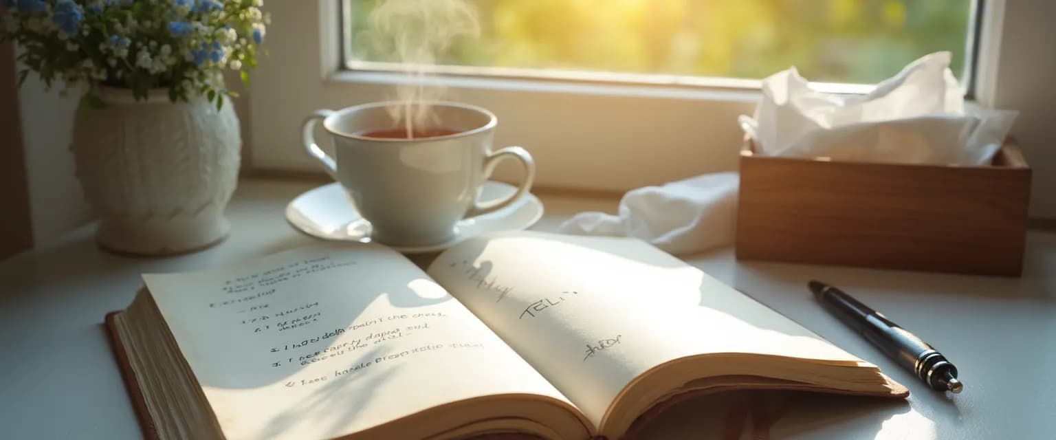 Person using grief journaling prompts in a comfortable setting with a notebook