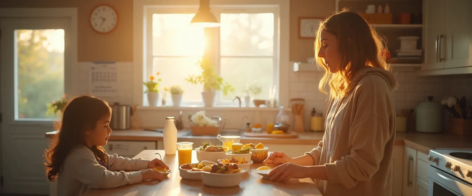 Working parent practicing self awareness and self control during busy morning routine with children