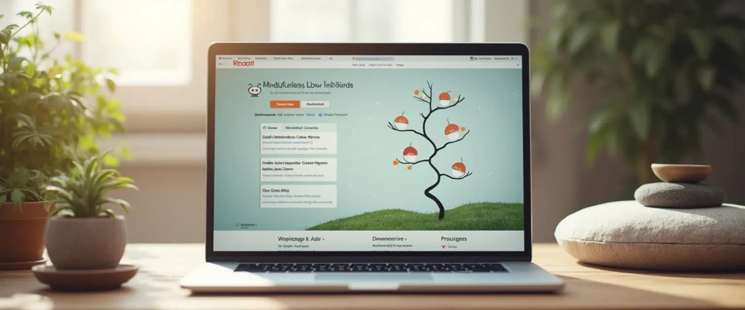 Person browsing mindfulness Reddit communities on their phone during a meditation break