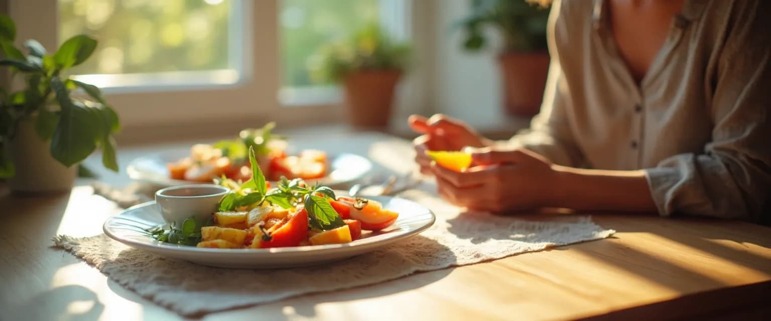 Person practicing the miracle of mindfulness while enjoying a healthy meal