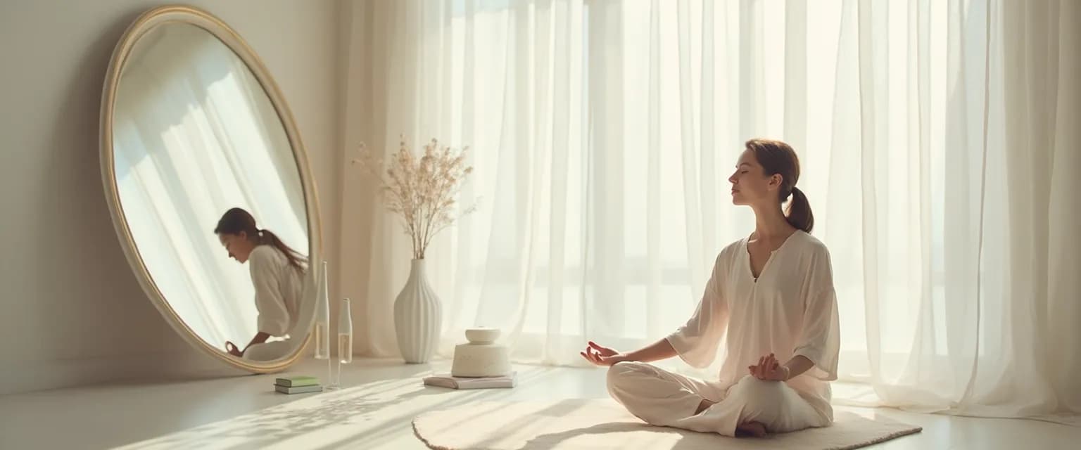 Person practicing mirror meditation to develop awareness of self through reflective techniques