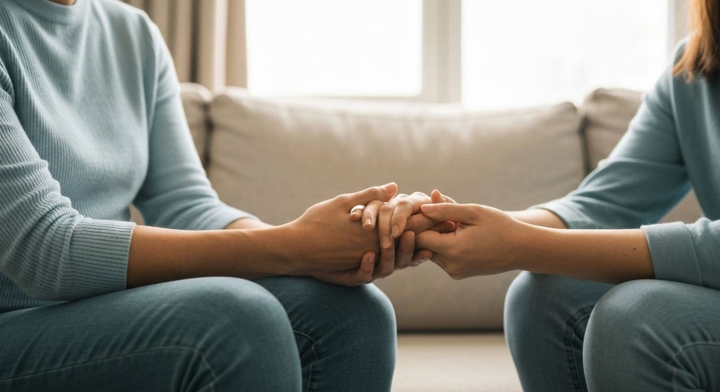 Two friends sitting together in supportive silence, demonstrating what to say to bereaved friend through presence and body language