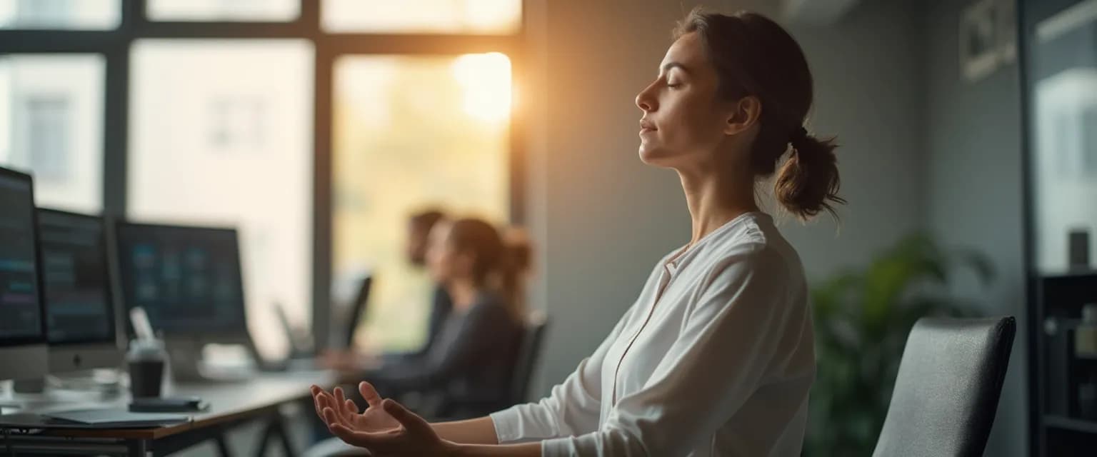 Professional practicing present moment awareness exercise at desk
