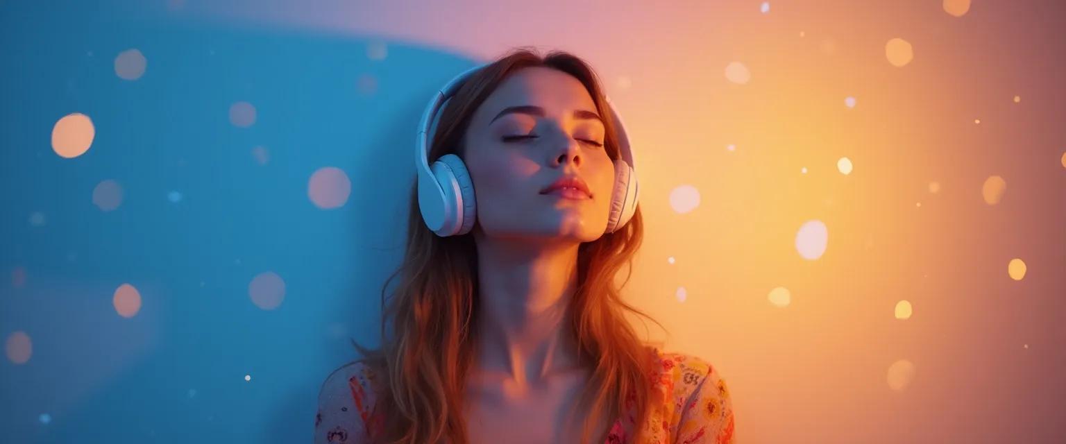 Person practicing mindful listening to music with headphones for mood transformation