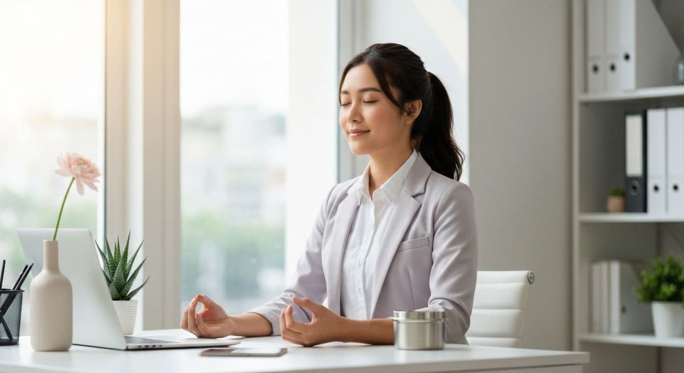 Professional practicing 5-minute mindfulness meditation during lunch break at desk with peaceful expression