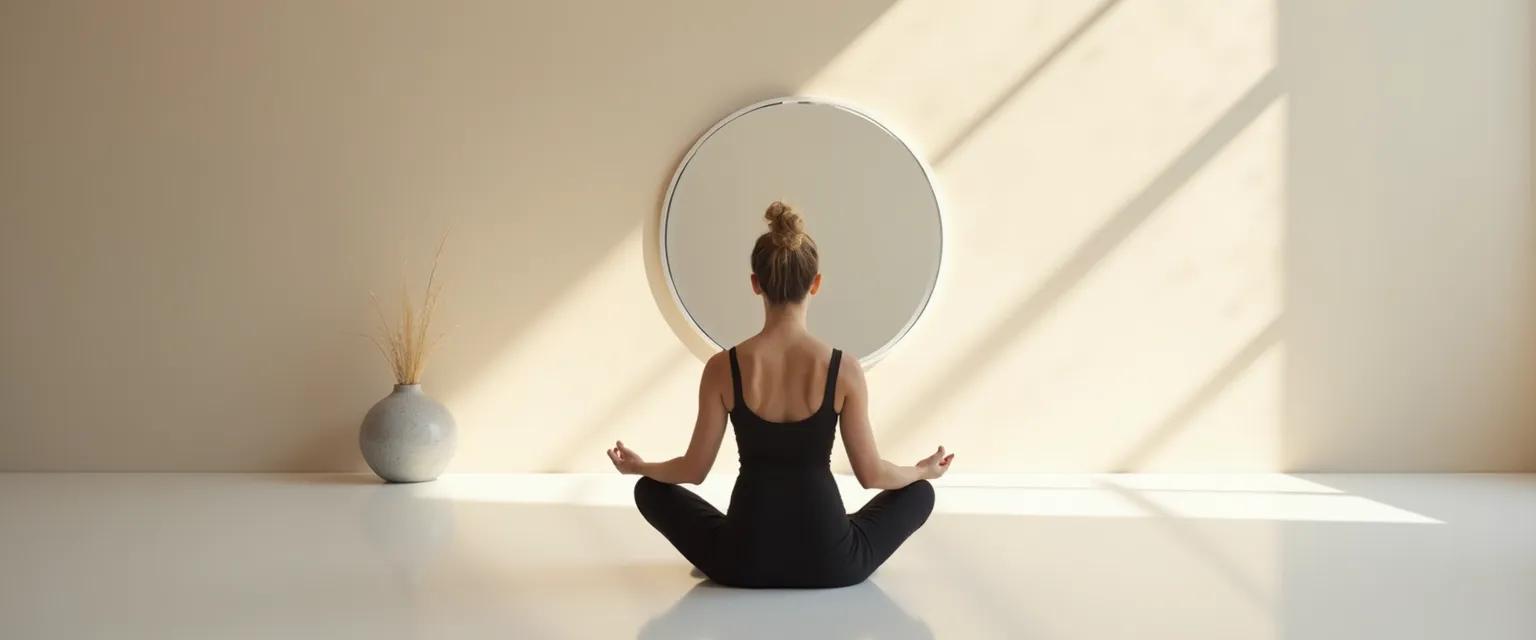 Person practicing daily personal self-awareness exercises in front of mirror