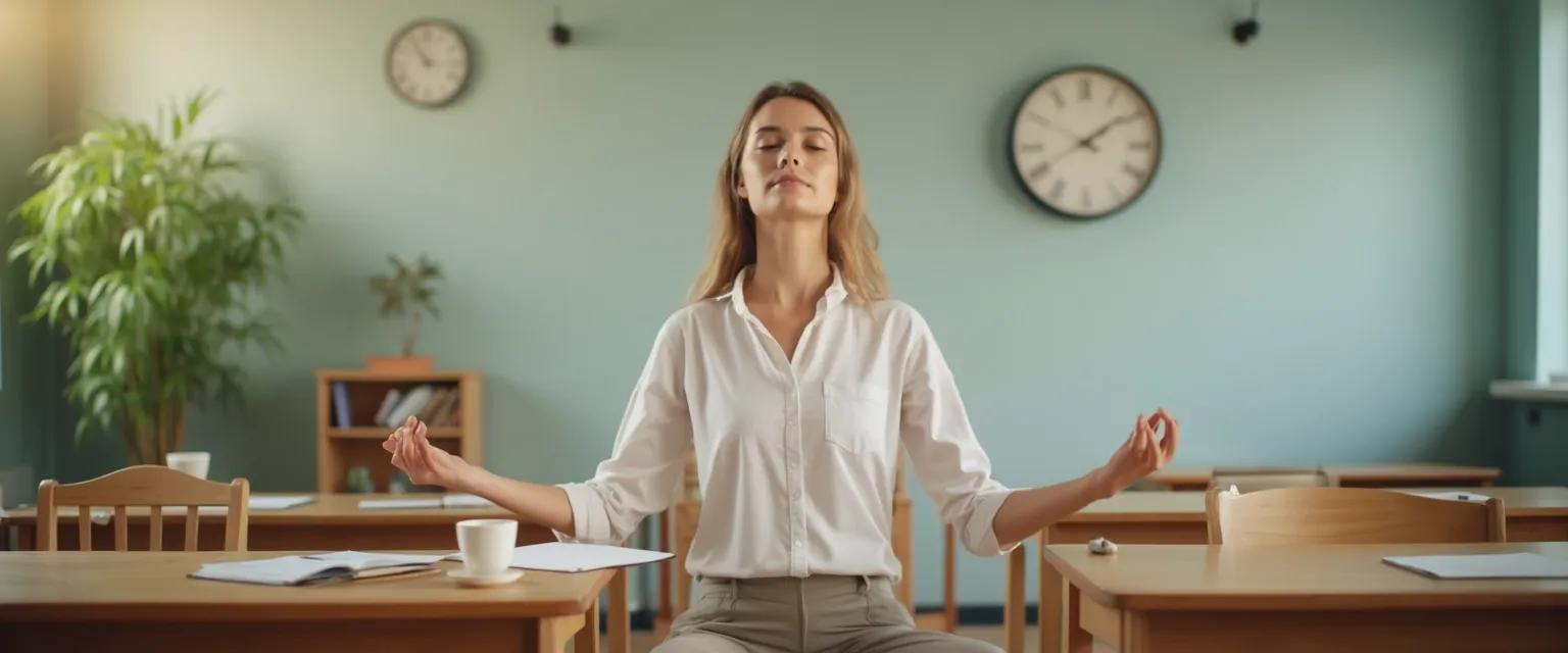 Teacher practicing mindfulness for stress relief between challenging classes