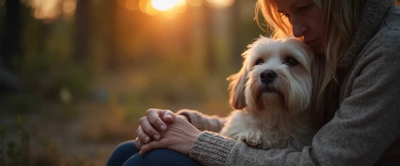 Person comforting terminally ill pet while managing anticipatory grief