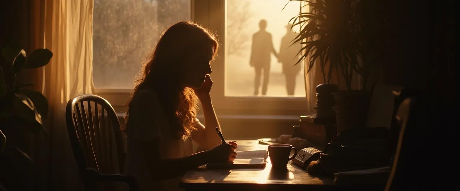 Person writing short stories about heartbreak in a notebook with a calm expression