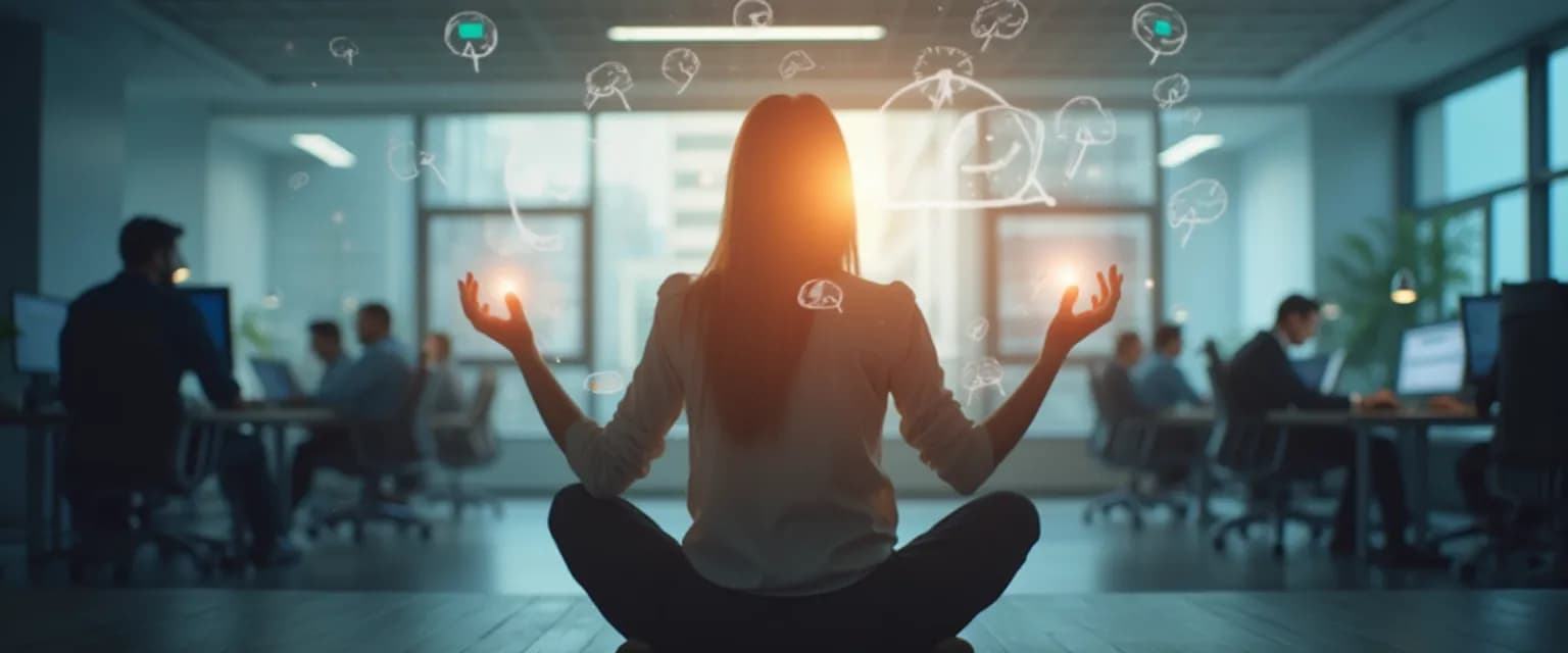 Executive cultivating awareness during high-pressure business meeting