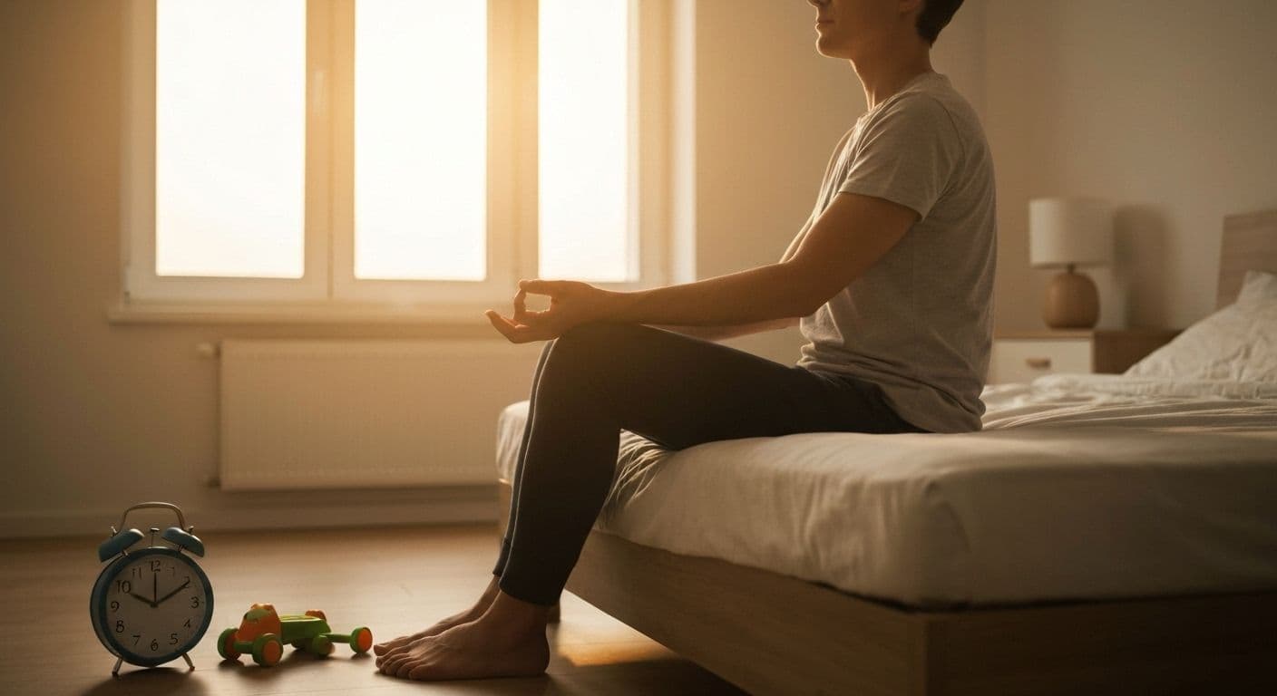 Busy parent practicing grief and meditation during a peaceful 3-minute moment