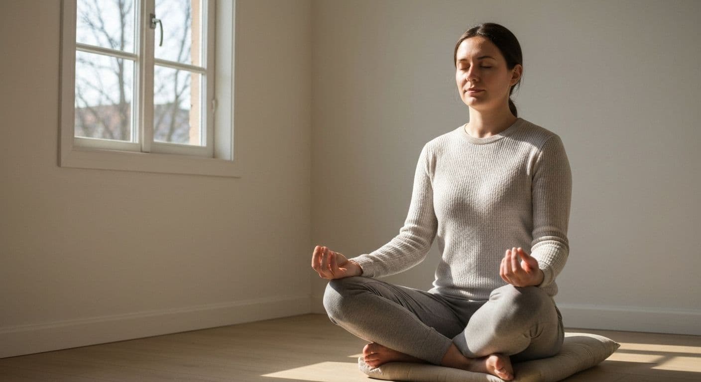 Person practicing 1 Giant Mind meditation in a comfortable chair with eyes closed, demonstrating the simple 5-minute daily technique