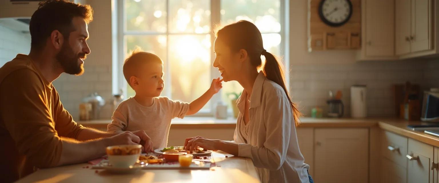 Working parent developing emotional intelligence during family breakfast routine