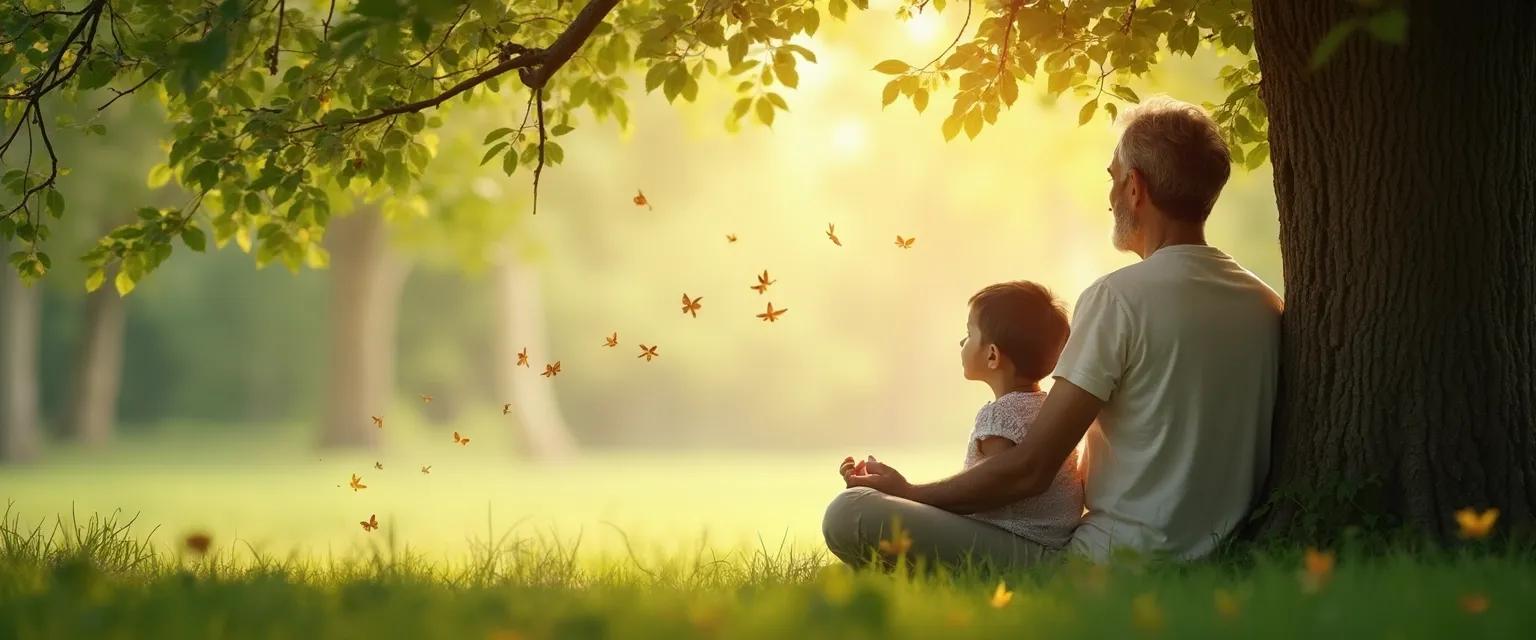 Parent guiding child through gentle grief meditation exercise with comfort objects