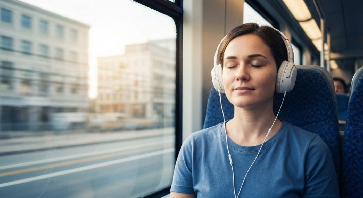 Person achieving a quiet mind during their daily commute on public transportation
