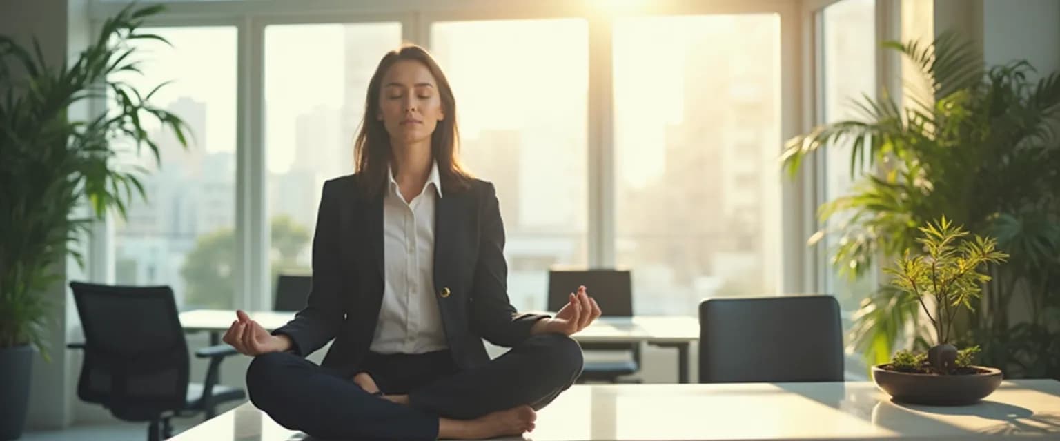 Professional practicing trait mindfulness techniques at workplace desk for improved focus