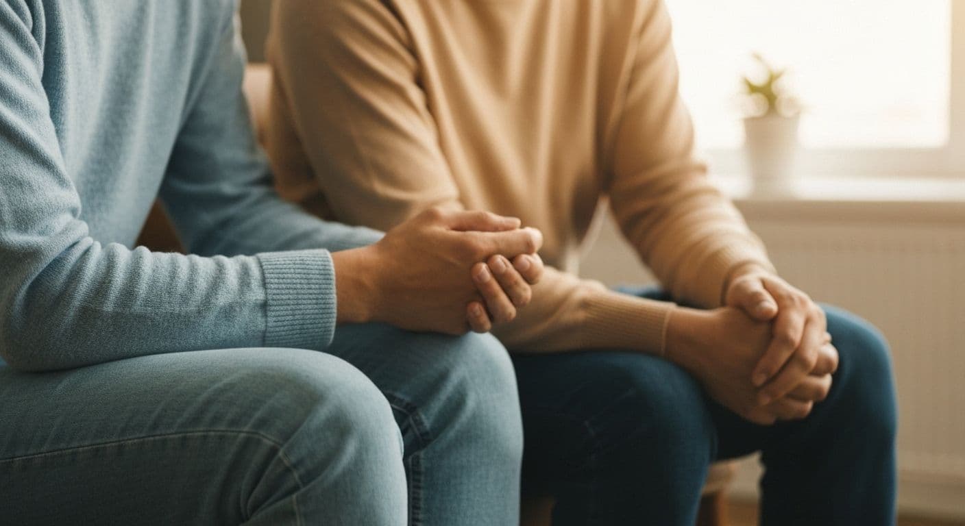 Person having supportive conversation about anticipatory grief with loved one in comfortable setting