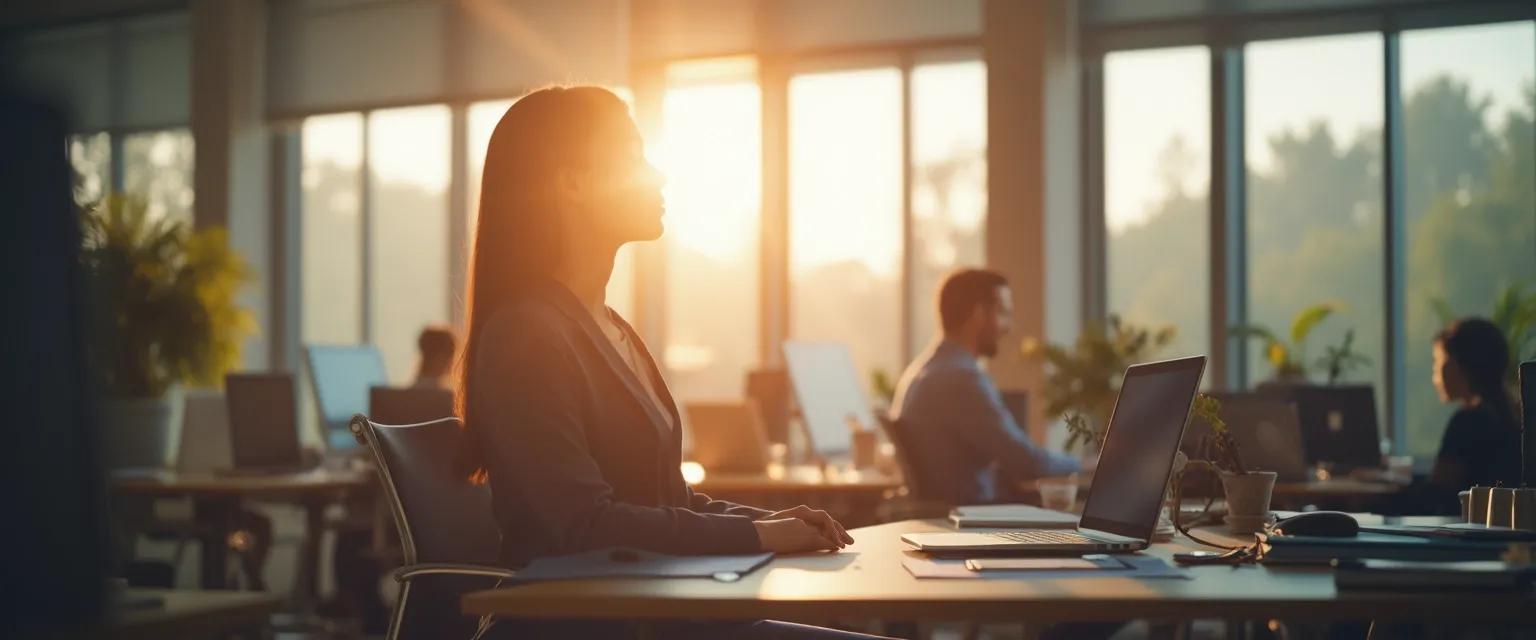 Professional practicing 3-minute mindfulness exercises for adults at desk