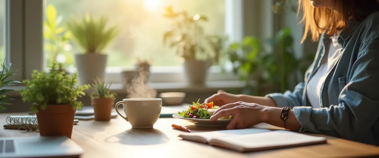 Professional enjoying mindful lunch break ritual for improved workplace wellbeing
