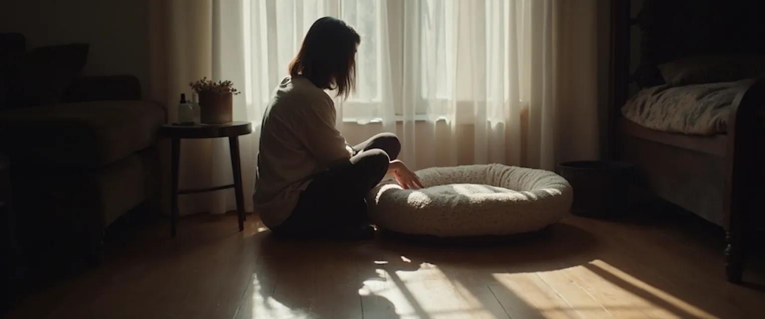 Person experiencing pet grief while holding pet's collar or toy