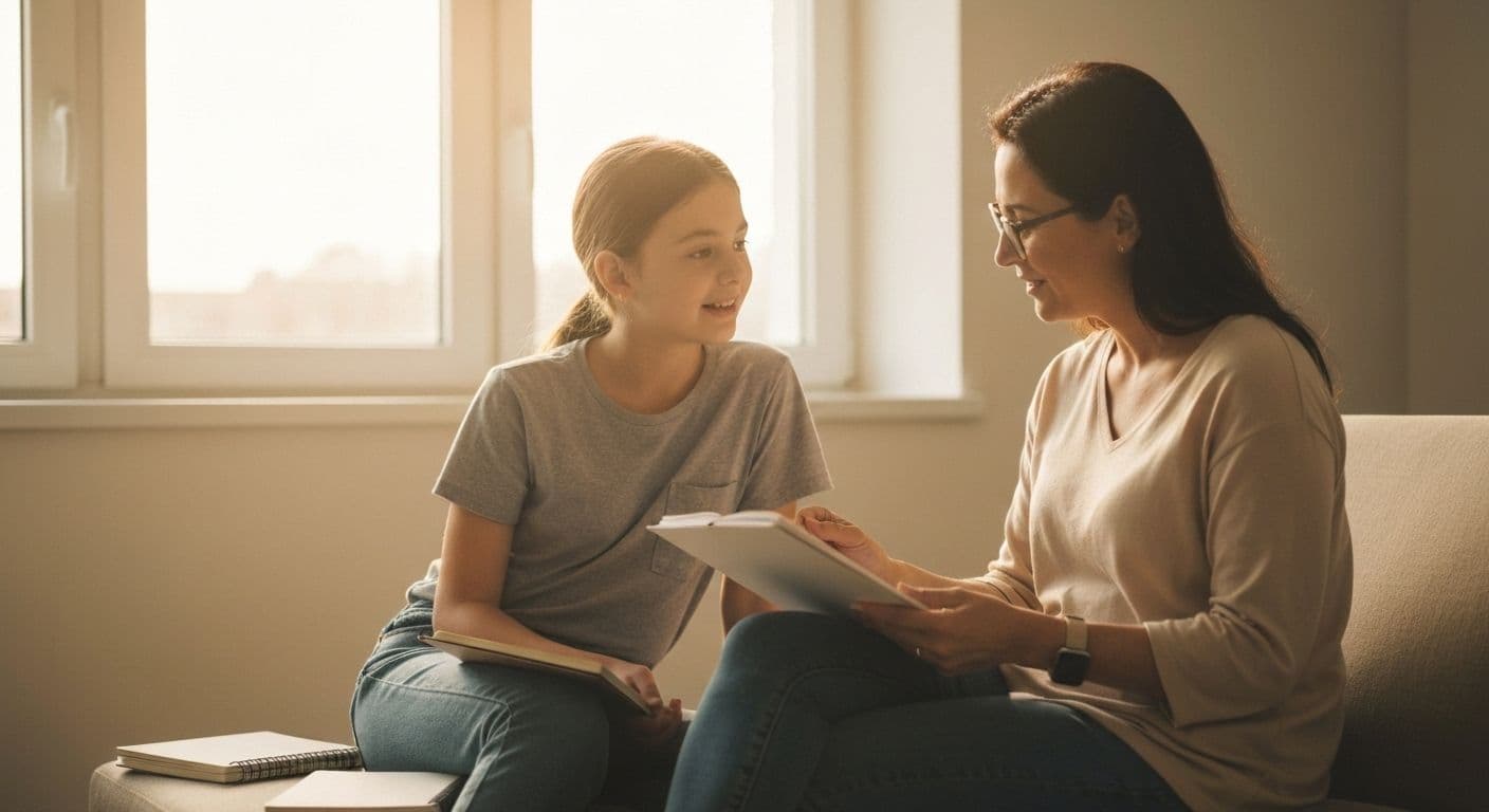 Parent teaching self-awareness to preteen through supportive conversation and age-appropriate guidance