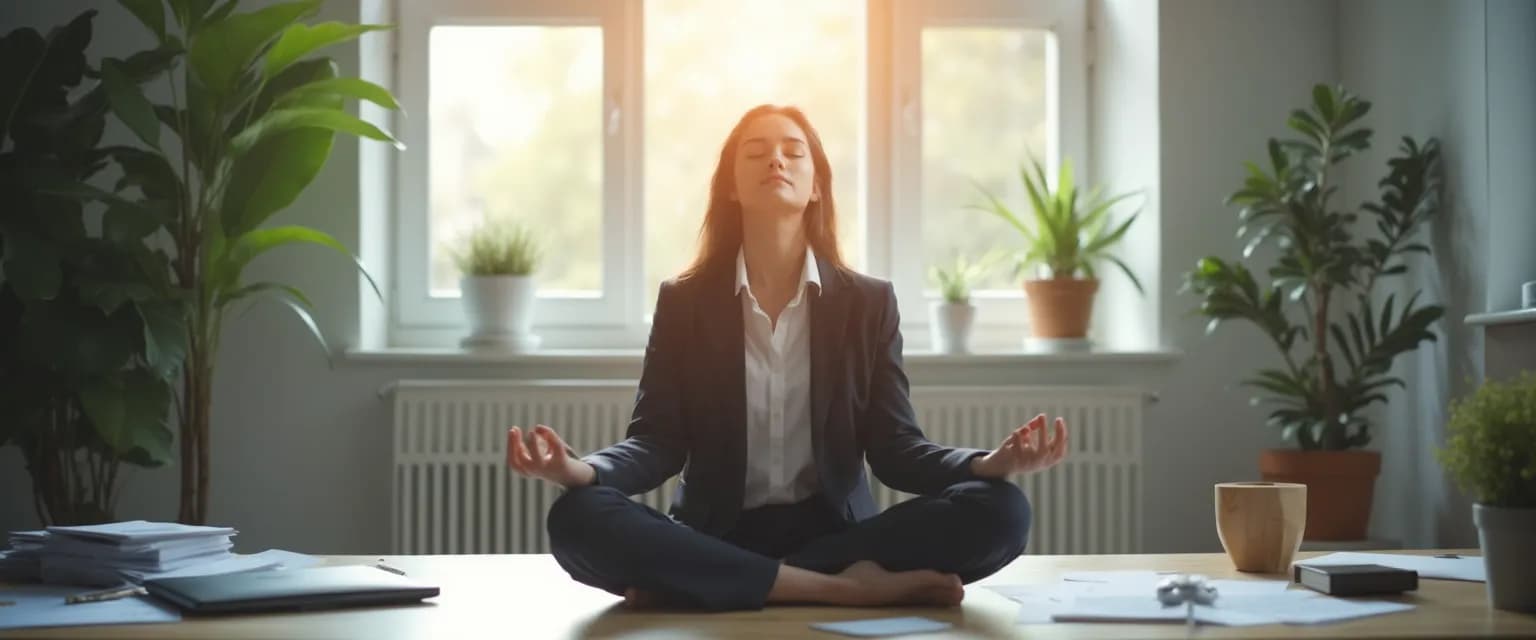 Professional practicing 5 minute mindfulness meditation at desk in office setting