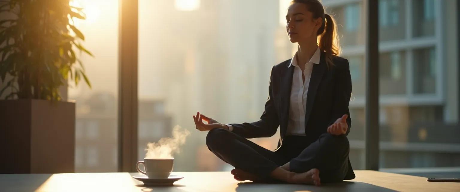 Person practicing a 5-minute mindfulness meditation at their desk instead of drinking coffee