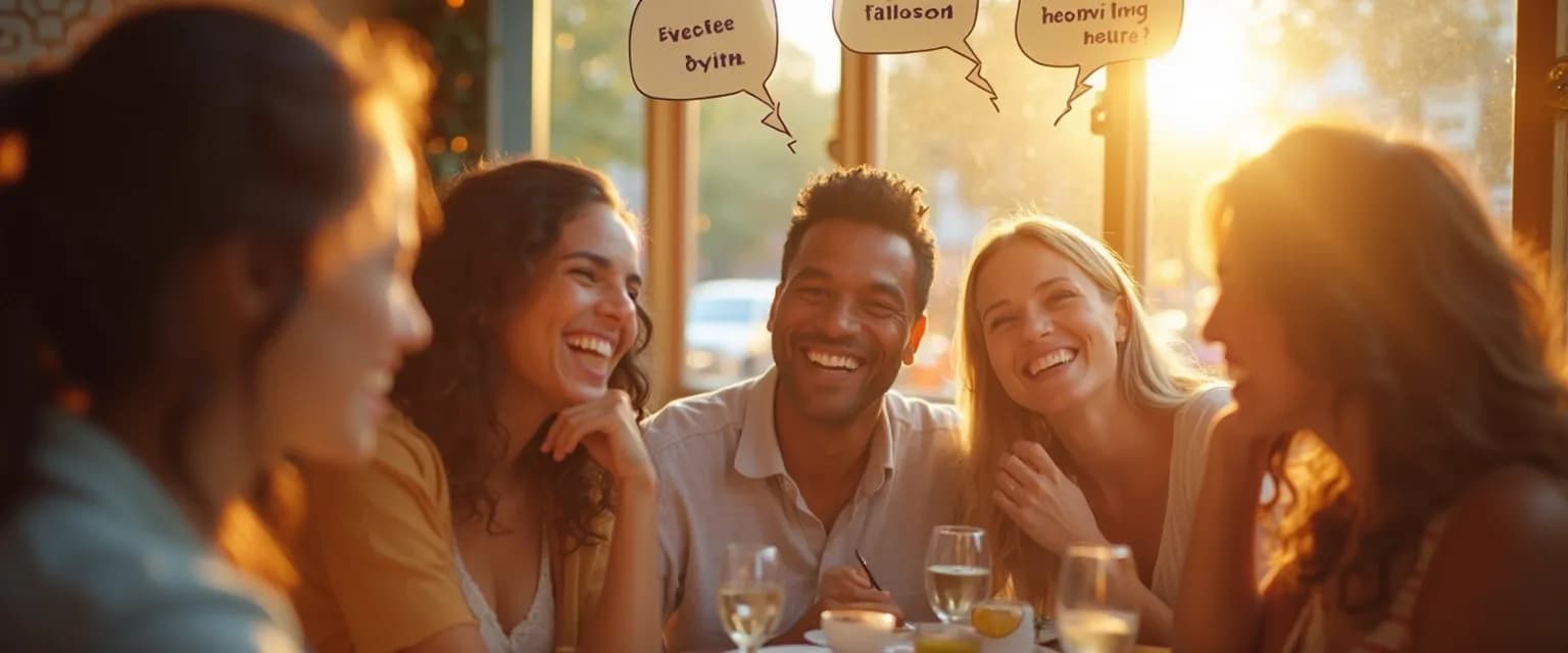 Person smiling while practicing happy thoughts in English phrases for mood improvement