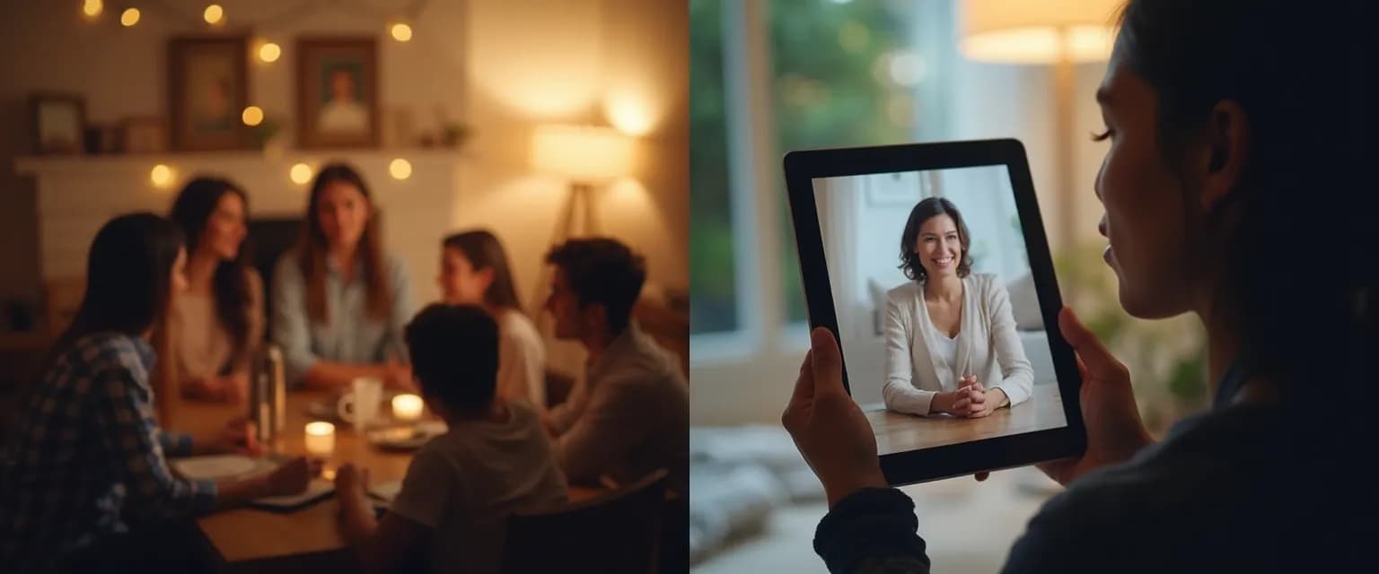 People connecting in GriefShare groups near me, showing both online and in-person support options