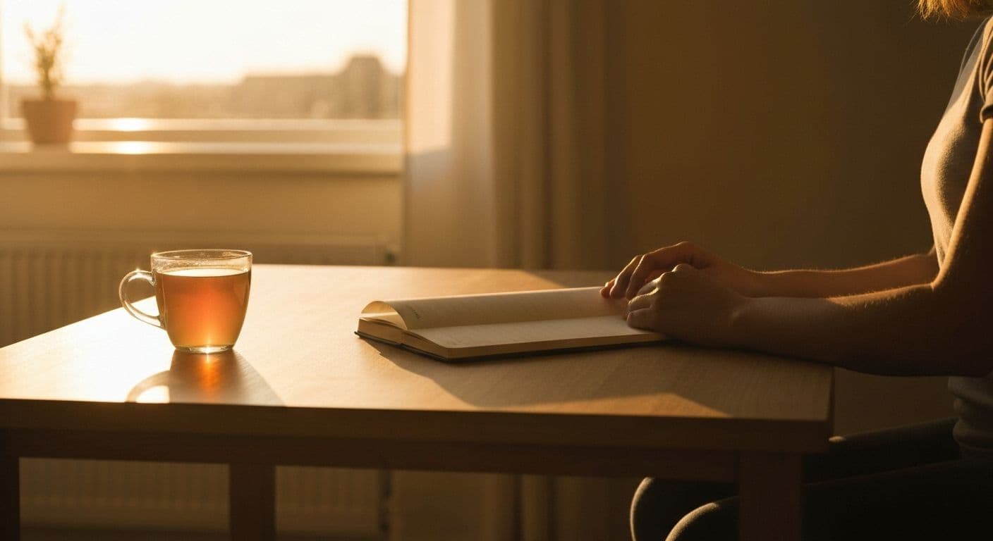 Person creating a peaceful morning ritual after a heartbreak with journal and tea