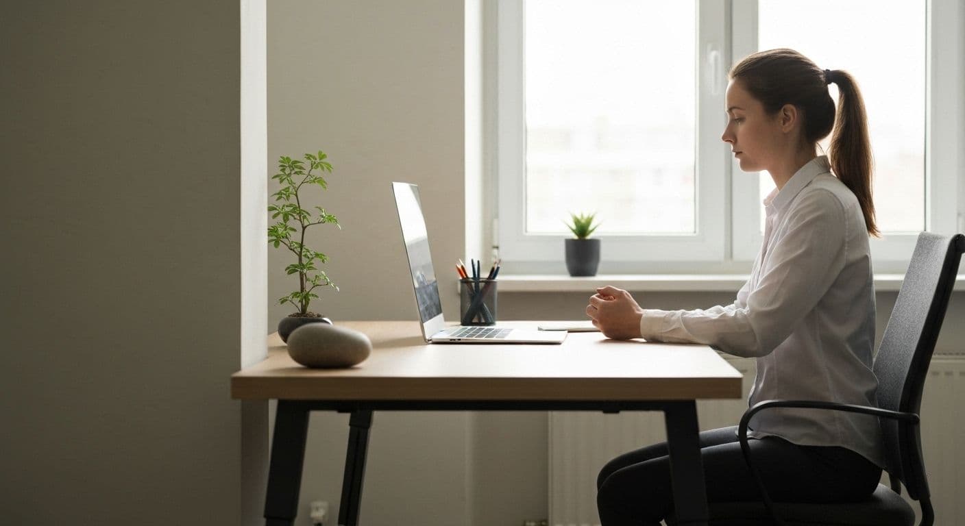 Modern professional practicing mindfulness Buddhism techniques at desk between meetings