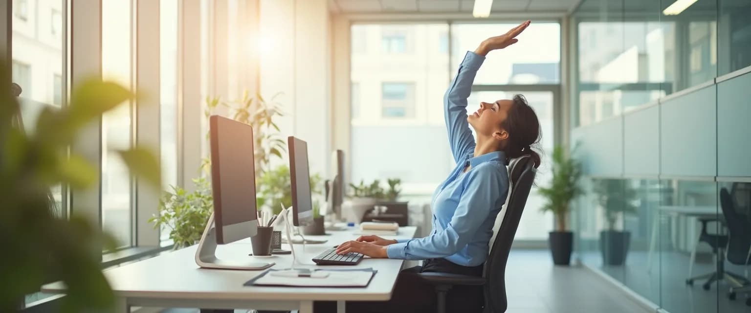 Office worker performing desk-friendly stretches for improved workplace health and well-being