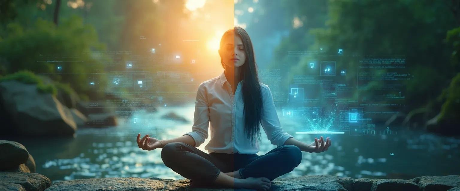 Tech professional practicing spiritual mind techniques while working at computer
