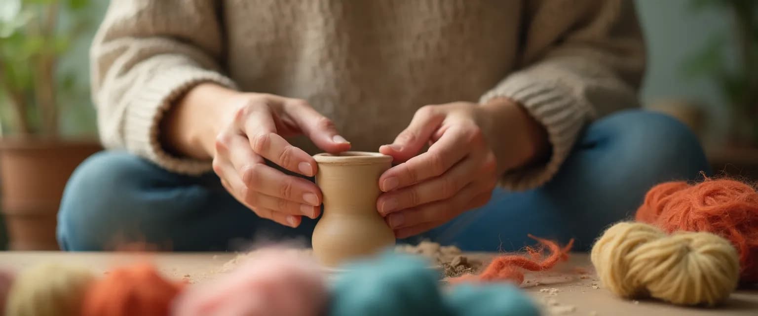 Person finding mental stillness while engaging in tactile crafting to quiet their mind