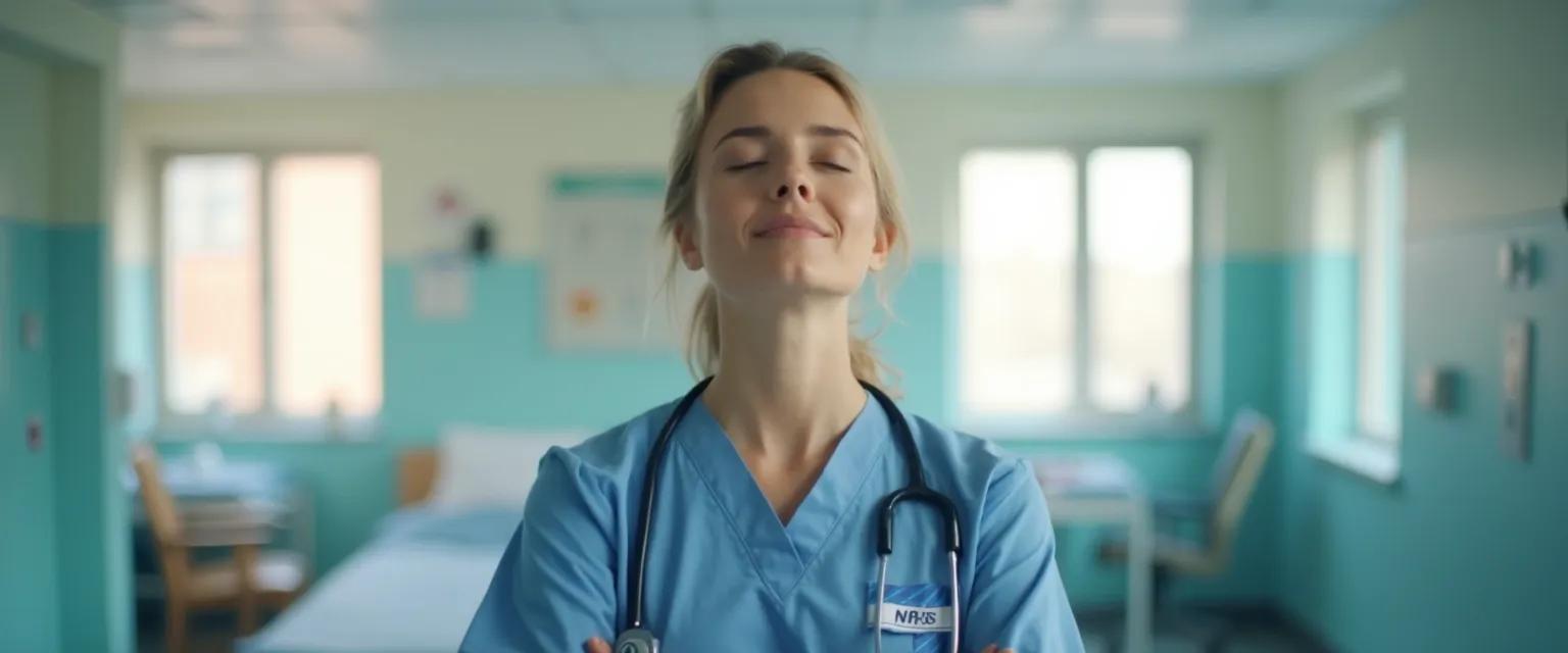 NHS healthcare professional practicing a 3-minute mindfulness exercise during a short break