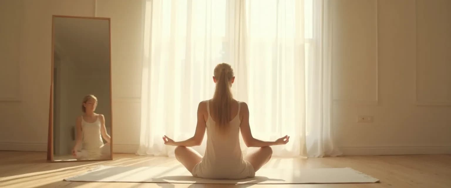Person practicing daily rituals for self-awareness and self-acceptance in front of a mirror