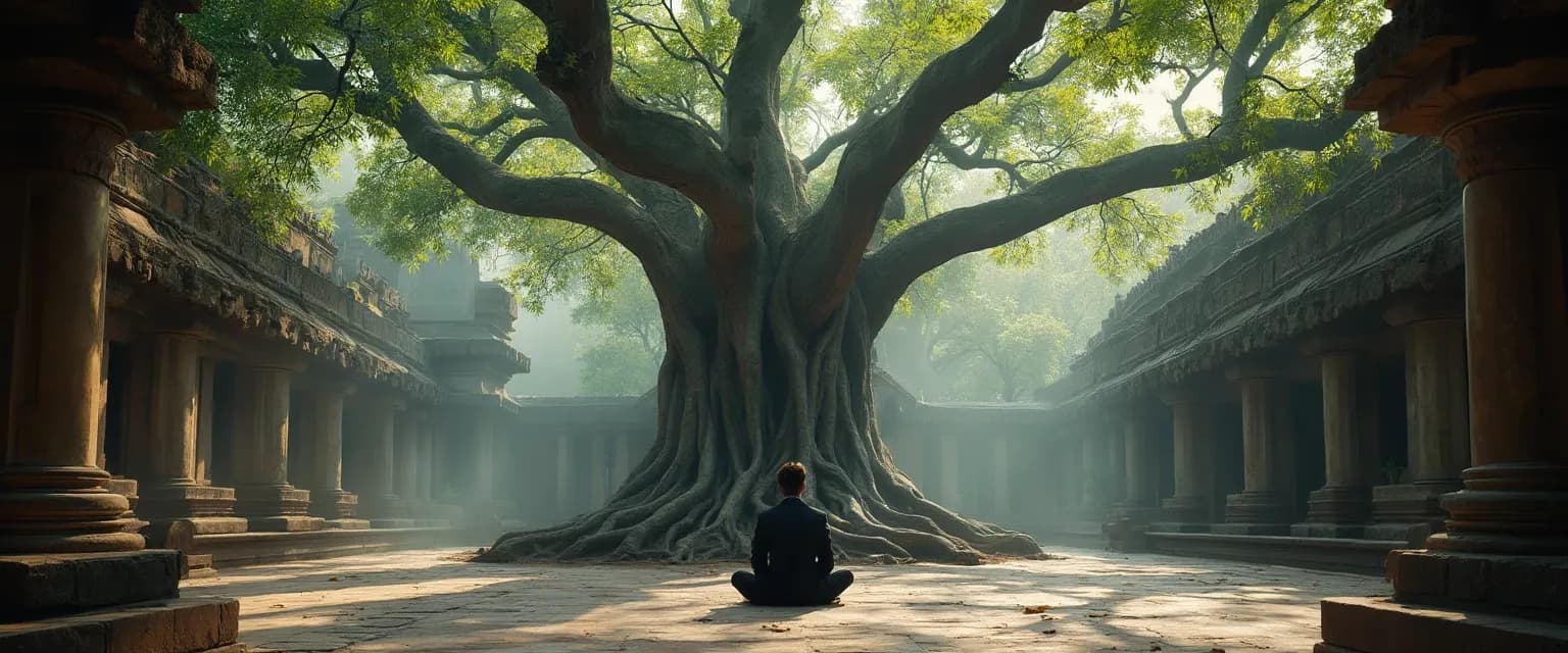 Professional practicing ancient mind vriksha techniques for mental clarity in a modern office setting