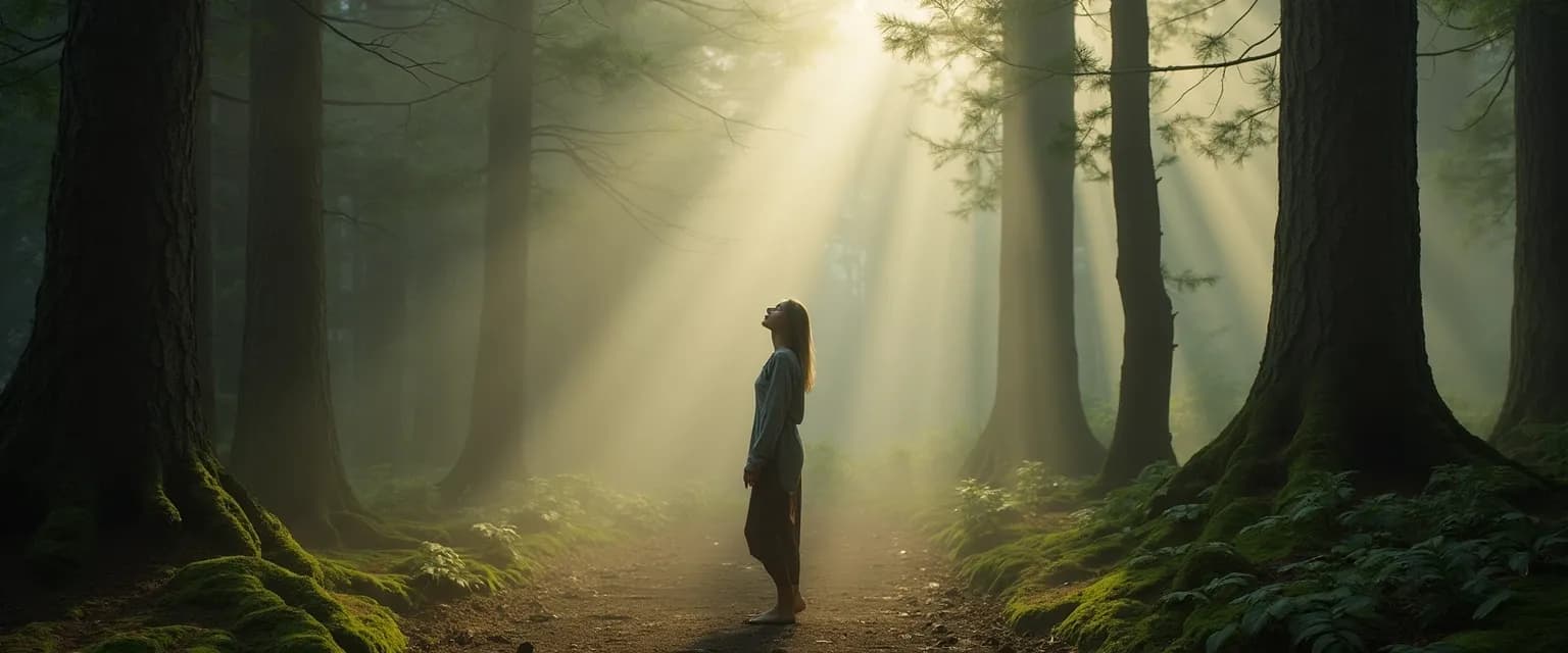 Person practicing mindful awareness during forest bathing session among tall trees