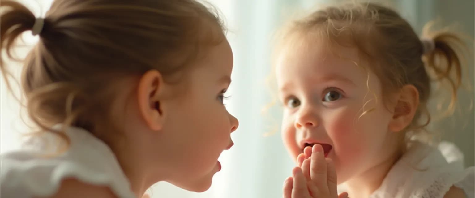 Child showing evidence of self-awareness through mirror recognition and emotional expression