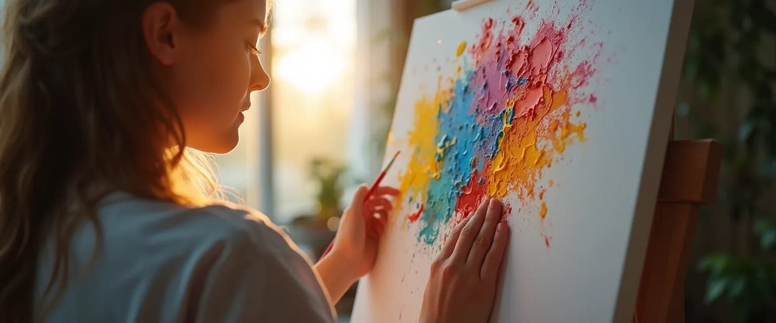 Person expressing feelings about heartbreak through colorful abstract painting